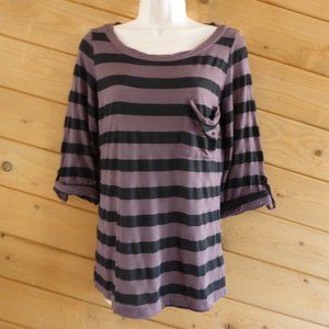 Splendid Brown Black Stripe Tee Top 3/4 Rolled Sleeve Tunic Boat Neck M